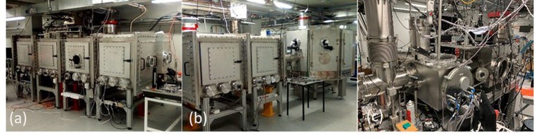 The SCAPA laser facility interaction areas: (a) Beamline A2 in Bunker A, (b) Beamline B2 in Bunker B, and (c) work in progress on the ALPHA-X/medical beamline in Bunker C